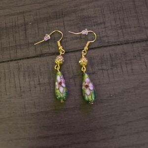 Green & Pink Cloissone On Gold Tone 2 Inch Dangle Earrings